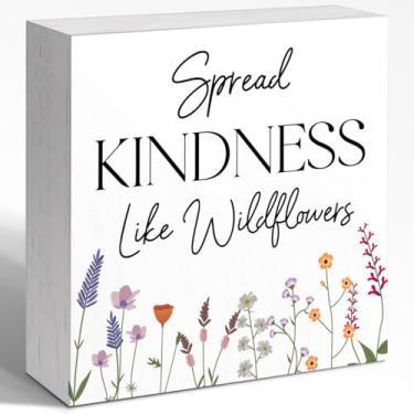 Imagem de WUZYOU Decoração de parede com sinal de caixa de madeira de afirmação inspiradora, espalhe bondade como flores silvestres, placa de bloco de madeira, decoração motivacional para mesa de escritório em