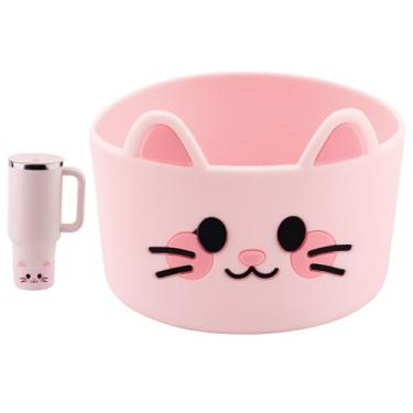 Imagem de Bota de silicone para Stanley Quencher Adventure 30/1,134 g, lindo desenho de gato rosa capa protetora inferior compatível com Stanley Iceflow 20/850.5 g Classic Trigger Action 16/567.0 g