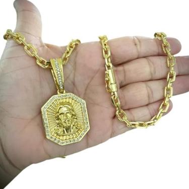 Imagem de Cordão 6Mm Cadeado + Pingente Jesus Face - Banhado A Ouro - Tojoia18K