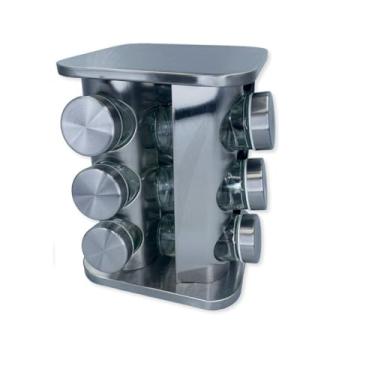 Imagem de Porta Temperos Giratório em Inox com 12 Potes de Vidro, 80g, Base 360°, 21x16x18cm
