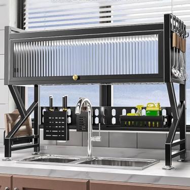Imagem de Escorredor de pratos sobre a pia com tampa contra poeira, escorredor de pratos de cozinha de 2 camadas, suporte de utensílios, gancho de metal, aço carbono preto