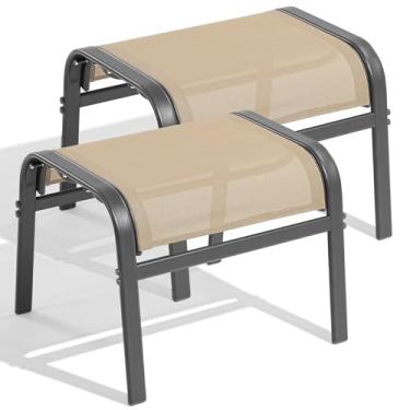 Imagem de ONBRILL Conjunto de 2 apoios para os pés otomanos para ambientes externos, tecido têxtilene, com superfície firme e estrutura de metal estável, pufes de uso amplo para pátio, varanda, piscina e