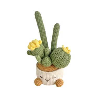 Imagem de WeiLaiKeQi Pequenas plantas em vasos de crochê, plantas artificiais, falsas fofas, flores de tricô feitas à mão para decoração de prateleiras de home office, Flor Amarela