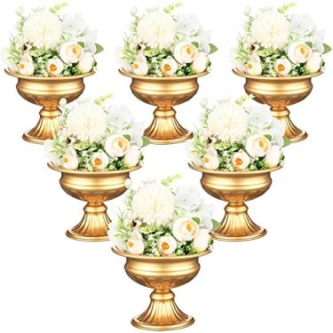 Imagem de Vaso de metal de tamanho mini de 6 peças para casamento, vaso de flores, dourado, vaso de flores, composta, vaso de pedestal, 11 cm de altura, suporte de flores para casa, pequenos vasos de plantas para cerimônia de aniversário de aniversário