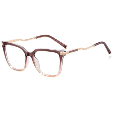 Imagem de Tr90 Óculos quadrados antirluz azul feminino lente transparente retrô armação de óculos de metal, Camafeu marrom dourado