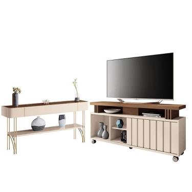 Imagem de Rack Bancada Rivera 1.3 com Aparador Vivant Castanho Off White - HB Móveis