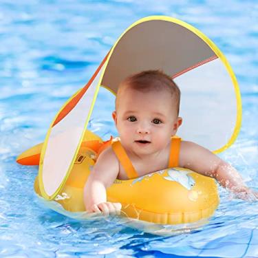 Imagem de Boia flutuante para piscina de bebê que não abre para cima com dossel FPS 50+ proteção solar, flutuador inflável para bebê com esponja de apoio de segurança, presentes divertidos, acessórios para brinquedos aquáticos, flutuadores de natação para bebês para piscina de 3 a 36 meses