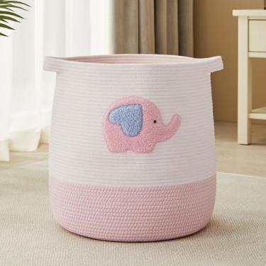 Imagem de MOJOSCEND Cesto de roupa suja de elefante rosa 65L para crianças meninas cobertor cesta blush rosa cesto de bebê para quarto de meninas quarto grande