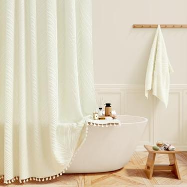 Imagem de BTTN Cortina de chuveiro longa Boho – Conjunto de cortinas de chuveiro listradas texturizadas com 12 ganchos de plástico, repelente de água, cortinas de chuveiro modernas para banheiro, creme/bege