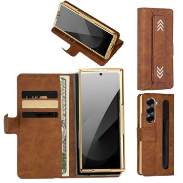 Imagem de Capa para Samsung Galaxy Z Fold 6 com suporte para caneta S, compartimentos para cartão e dinheiro, protetor de tela de vidro temperado HD, couro premium, fecho magnético, suporte e alça de pulso