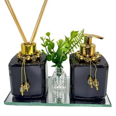 Imagem de Kit Lavabo Plástico LUXO Cubo PRETO Saboneteira e Difusor com Bandeja (DOURADO)