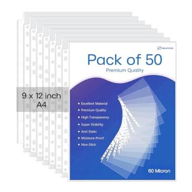 Imagem de Neomate Capas para documentos de 60 mícrons | 50 peças de protetores de folha transparentes A4 com 11 furos perfurados para arquivos de anel | Mangas transparentes impermeáveis para certificados e