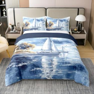 Imagem de Conjunto de cama casal de veleiro 100% algodão natural, capa de edredom oceano náutico, 3 peças, capa de edredom para crianças, meninos, meninas, aventura marítima, moderna, sem edredom