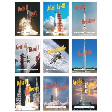 Imagem de Wallbuddy Pôster de veículo de lançamento de foguete | Conjunto de 9 impressões de nave espacial dos EUA Arte de parede educacional de lançamento histórico | Space Shuttle Falcon 9 Atlas Gêmeos e