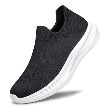 Imagem de TIANYUQI Tênis masculino sem cadarço, confortável, leve, respirável, de malha, tênis de corrida, Preto, branco, 45