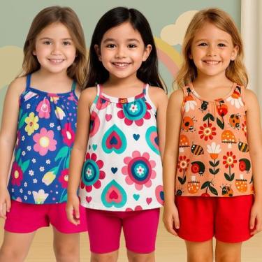 Imagem de Kit 3 Conjuntos Infantil Menina Blusa Regata e Short Kyly, 2, Kit 3
