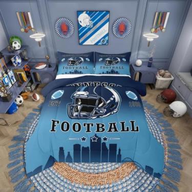 Imagem de Erosebridal Jogo de cama solteiro com estampa de futebol americano, azul e cidade, para decoração de quarto de crianças, meninos, meninas, adolescentes, jogos de rúgbi, esporte, bola esportiva