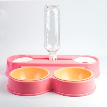 Imagem de Bebedouro Comedouro Duplo Pet Para Cães e Gatos Automático 500ml Capacidade Multifuncional (Rosa, Grande)