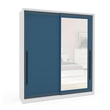 Imagem de Guarda-Roupa Casal com Espelho Valência 2 Portas 2 Gavetas Branco e Azul