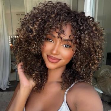 Imagem de quesdom Perucas Curtas Encaracoladas Ombre Marrom Encaracolado Peruca de Cabelo Macio Fibra Sintética Peruca Afro-Americana Kinky com Franja para Mulheres Negras (T4/30, Marrom Ombre)