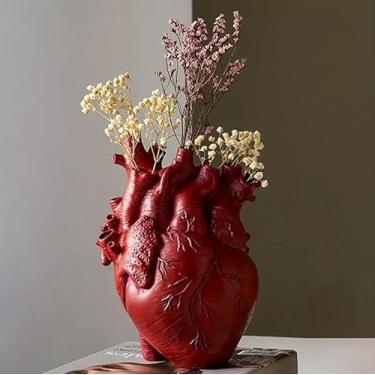 Imagem de HUZHIBING Vaso de coração, vaso de flores de resina anatômica gótica, formato de órgão de coração humano para arranjo de flores secas na mesa de jantar, decoração de sala de estar (vermelho)