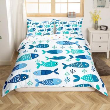 Imagem de jejeloiu Jogo de cama solteiro com desenho animado de peixe, oceano, natureza, animais marinhos, para meninos, meninas, adolescentes, criaturas marinhas, decoração de quarto (sem edredom