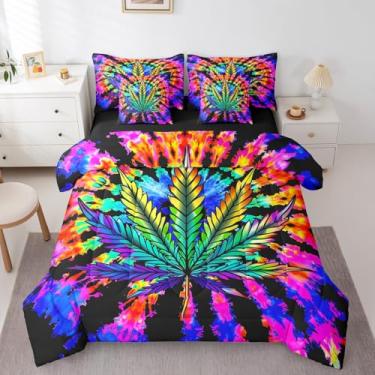 Imagem de Erosebridal Jogo de cama King Size com folhas de cannabis, cama de folha de maconha em uma bolsa, conjunto de cama espiral tie dye inclui edredom, conjunto de lençóis, fronhas e fronhas para todas as