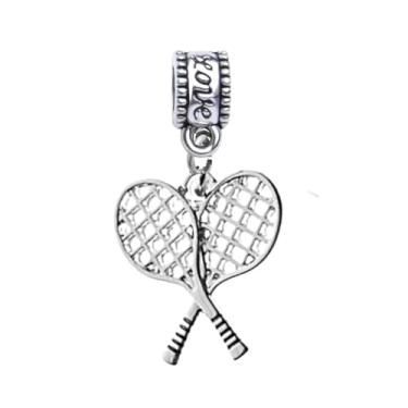 Imagem de Pingente de raquete de tênis – Pingente banhado a prata com raquetes cruzadas para amantes e jogadores de tênis – Compatível com pulseiras Pandora, Troll, Chamilia e Europeia – Presente para time de
