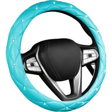 Imagem de Capa de volante de carro brilhante, capa de roda automotiva de couro macio antiderrapante de 38 cm, strass de cristal para mulheres e meninas, acessórios de decoração universal para carro (azul)