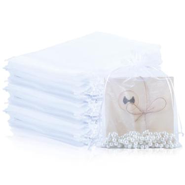 Imagem de Mstar Pack 100 sacos de organza, organza cinza transparente, lembrancinha de casamento com cordão, bolsa de presente de joias para festa, joias, sabonetes de banheiro (branco, 15 x 20 cm)
