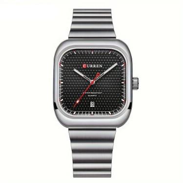 Imagem de Relógio Casual Masculino De Quartzo Pulseira De Aço Inoxidável Quadrado Prata Preto