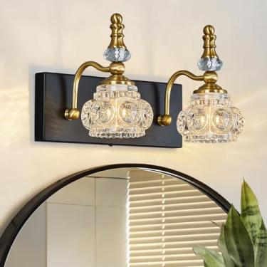 Imagem de LBSQJ Luminária de cristal de vidro moderna - luminárias de banheiro vintage sobre o espelho, 2 lâmpadas de vaidade G9 (29 cm, preto dourado)