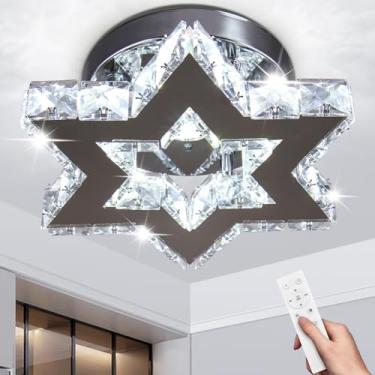 Imagem de Cainjiazh Mini lustre de cristal LED - Luminária de teto regulável moderna com controle remoto - Lustre de estrela pequeno para corredor, hall de entrada, cozinha, escada, armário - 3 cores ajustáveis