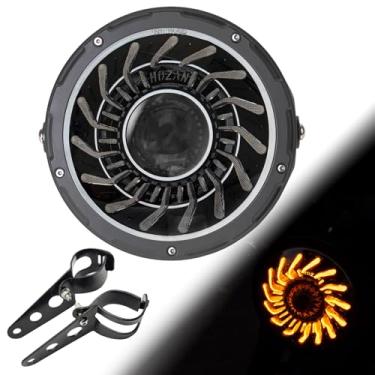 Imagem de SINLIRU 17,78 cm Black Whirlwind LED Motocicleta Start-up Gradiente Farol Flor Branco/Âmbar DRL com Liga de Alumínio Preto Caixa Balde 32-40 mm Suporte de Montagem Lateral Tubo de Garfo Compatível com