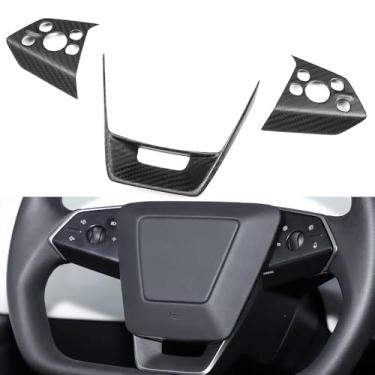 Imagem de Acabamento da capa do volante para Tesla Cybertruck 2024 2025+, para decoração de botão de controle de voz do volante Cyberbeast interior de fibra de carbono (carbono fosco)