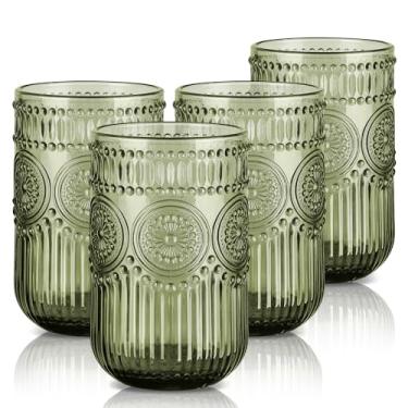Imagem de Joeyan Conjunto de copos de beber verdes vintage de 117 g copos de água de vidro alto com contas de girassol em relevo, copos românticos coloridos para bebidas, suco de vinho, lavável na lava-louças