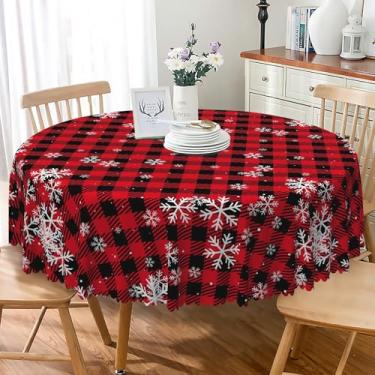 Imagem de Laeacco Toalha de mesa redonda quadriculada de Natal de 178 cm, toalha de mesa xadrez de búfalo vermelho e preto, à prova d'água, sem vincos, para Natal, Ano Novo, cozinha, jantar, família, festas de