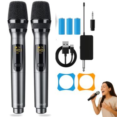 Imagem de Kit Microfone Sem Fio Profissional Duplo, LED Digital, Bateria Recarregável 800mAh, Alcance 30m, Adaptador UHF/VHF, para Karaokê, Shows, Palestras e Igreja