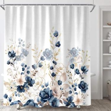 Imagem de Cortina de chuveiro Sanzugh azul marinho e flor dourada 180x180cm