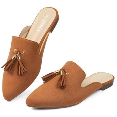 Imagem de MUSSHOE Mules para mulheres, confortável, bico fino, frente única, sem cadarço, mocassim com borlas, Bronzeado, 38