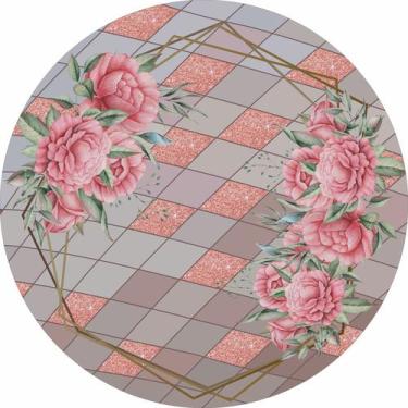 Imagem de Painel de Tecido Sublimado Redondo Flores Rosas Aros Dourados Glitter 