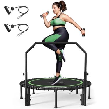 Imagem de BCAN Mini trampolim dobrável de 48 "com faixa de resistência, trampolim de fitness de 550 libras com elásticos, alça de espuma ajustável em forma de u, rebote de exercício estável e silencio