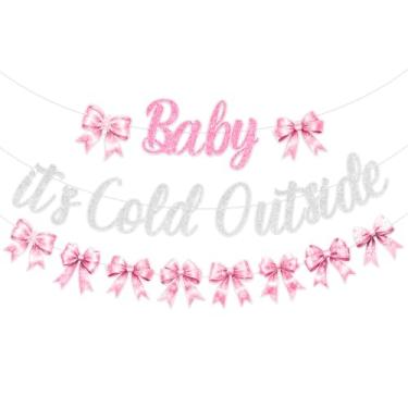 Imagem de Balterever Baby It's Cold Outside Decorações de chá de bebê para meninas laço rosa inverno chá de bebê guirlanda floco de neve decoração de festa de aniversário para suprimentos temáticos do país das