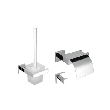 Imagem de Conjunto de acessórios para banheiro quadrado de aço inoxidável cromado, toalheiro, barra de toalha, porta-lenços, gancho para roupão, acessórios de decoração de banho, conjunto de 3 peças C