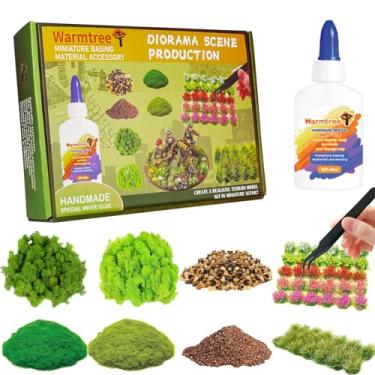 Imagem de Warmtree Material de base em miniatura, conjunto de base de campos de batalha, tufos espessos de grama estática em miniatura, cola de base de flores para cenário ferroviário de trem, modelo de layout