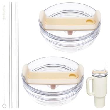 Imagem de Tampa de copo de 1,134 g compatível com Stanley, pacote com 2 tampas de reposição para copos Stanley Quencher 2.0 Copo de 1,134 g, com canudos e escova de limpeza (creme)