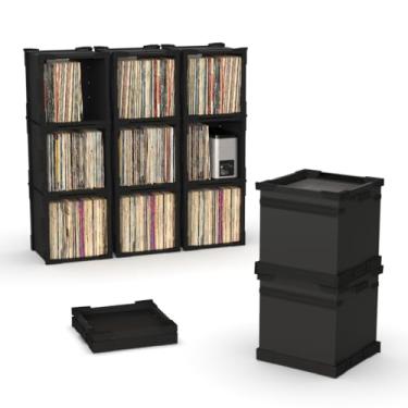 Imagem de HumminGuru FlexiCube Caixa para Guardar Discos de Vinil–Organizador Empilhável para Discos de 12”, Comporta 70 LPs | Prateleira Modular para Vinil e Caixa de Armazenamento Dobrável e Durável (3 Cubos)