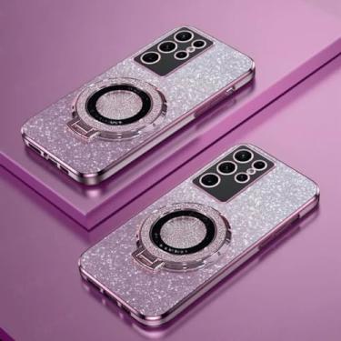 Imagem de Capa de celular com suporte magnético e anel de glitter TPU para Samsung Galaxy S25 Ultra S24 S23 Fe S22 S21 S20 S10 Plus Note 20 Ultra Pro (para Samsung S24 Ultra/rosa com suporte)