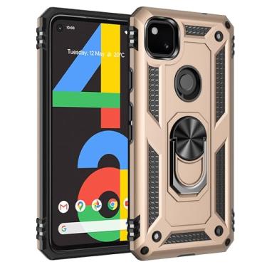 Imagem de SORAKA Capa para Google Pixel 4a com suporte de anel, capa protetora para Google Pixel 4a, capa traseira de policarbonato rígido com placa de metal para suporte magnético de telefone e carro dourado