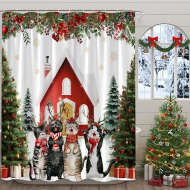 Imagem de Cortina de chuveiro de Natal gato árvore de Natal galhos floco de neve inverno férias verde vermelho banheiro casa cortina com ganchos, 187 x 178 centímetros